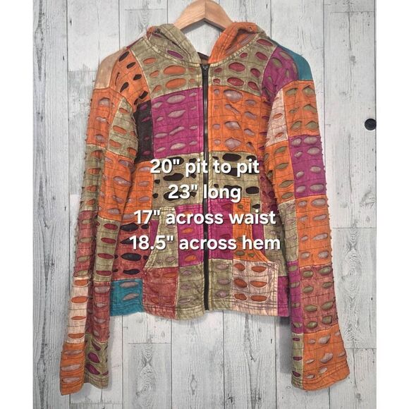 Rising International Multicolor Patchwork Ripped Detail Hippie Grunge Hoodie Sz. - Picture 2 of 7